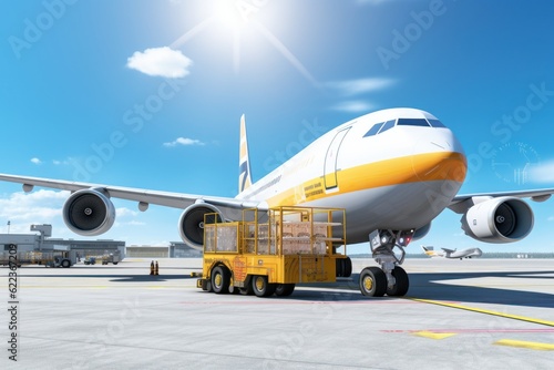 Loading process of a cargo plane at the airport. A cargo trolley delivering cargo to the jet on the airfield. Global freight transportation, airmail and logistics concept. 3D illustration.