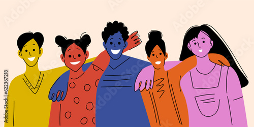 Diverse interracial group. Smiling happy people hugging each other. Colorful cartoon characters. Simple style vector. Togetherness concept. Friends standing together. Family unity. Successful teamwork
