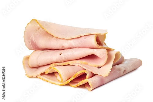 Thin slices on ham on white background