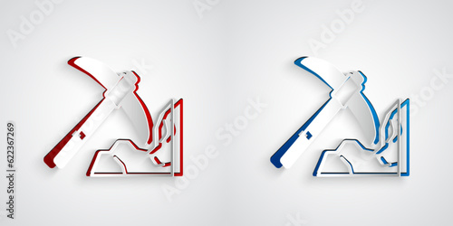 Paper cut Gold mining icon isolated on grey background. Paper art style. Vector