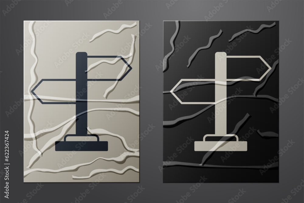 White Road traffic sign. Signpost icon isolated on crumpled paper background. Pointer symbol. Isolated street information sign. Direction sign. Paper art style. Vector White Road traffic sign. Signpost icon isolated on crumpled paper background. Pointer symbol. Isolated street information sign. Direction sign. Paper art style. Vector