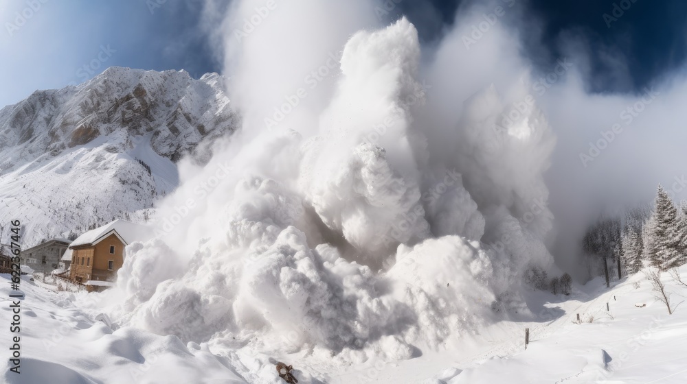 Scary picture of a natural epic phenomenon an avalanche which is about to take away a hut. Generative AI 4 Scary picture of a natural epic phenomenon an avalanche which is about to take away a hut. Generative AI 4