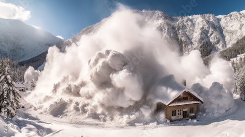 Scary picture of a natural epic phenomenon an avalanche which is about to take away a hut. Generative AI 5