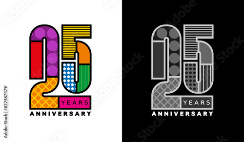 25th anniversary logo set, twenty fifth badge, colorful logo for celebration event, invitation, congratulations, web template, flyer and booklet, retro symbol