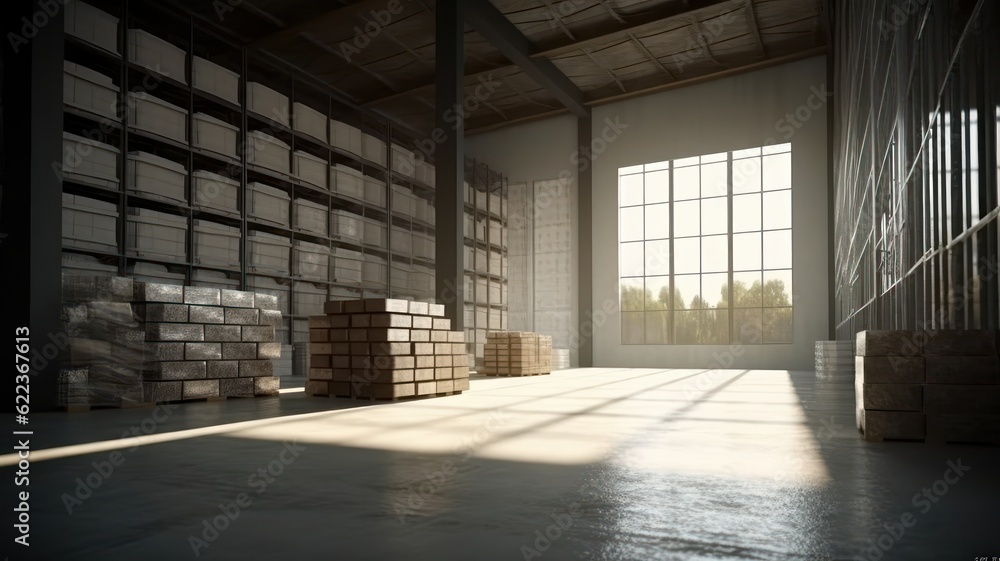 Large industrial warehouse. High racks filled with boxes and containers. Boxes on pallets in the sorting area. Daylight fills the room through the windows. Global logistics concept. 3D illustration. Large industrial warehouse. High racks filled with boxes and containers. Boxes on pallets in the sorting area. Daylight fills the room through the windows. Global logistics concept. 3D illustration.