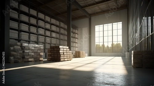 Large industrial warehouse. High racks filled with boxes and containers. Boxes on pallets in the sorting area. Daylight fills the room through the windows. Global logistics concept. 3D illustration.