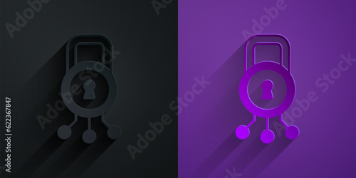 Paper cut Cyber security icon isolated on black on purple background. Closed padlock on digital circuit board. Safety concept. Digital data protection. Paper art style. Vector
