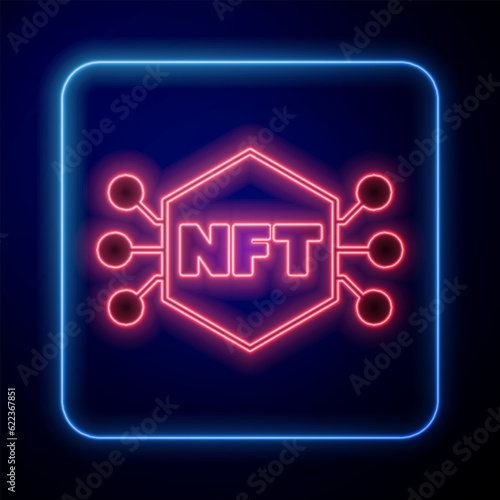 Glowing neon NFT Digital crypto art icon isolated on black background. Non fungible token. Vector