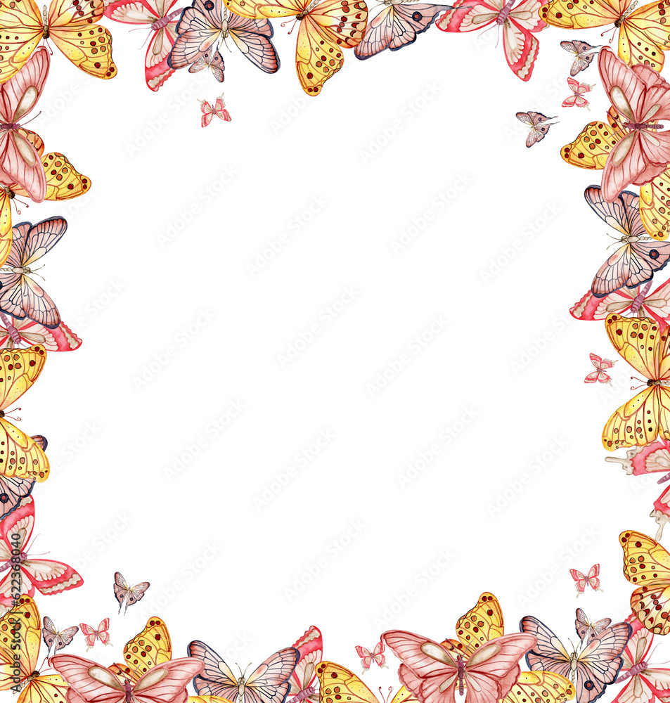 Watercolor hand drawn spring garden full of butterfly square frame. Watercolor illustration for scrapbooking. Cartoon hand drawn background design. Perfect for wedding invitation. Watercolor hand drawn spring garden full of butterfly square frame. Watercolor illustration for scrapbooking. Cartoon hand drawn background design. Perfect for wedding invitation.