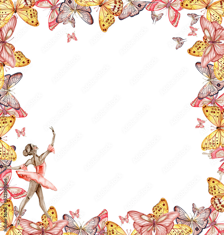 Watercolor hand drawn spring garden full of butterfly square frame. Watercolor illustration for scrapbooking. Cartoon hand drawn background design. Perfect for wedding invitation. Watercolor hand drawn spring garden full of butterfly square frame. Watercolor illustration for scrapbooking. Cartoon hand drawn background design. Perfect for wedding invitation.