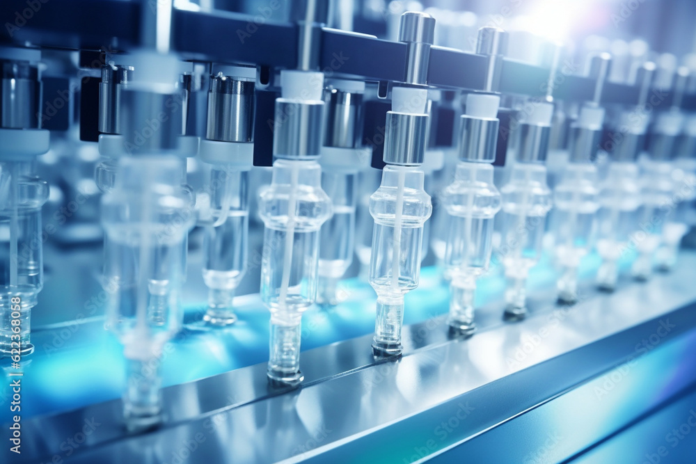 The production process of medical ampoules at a drug factory. Conveyor. AI generated. The production process of medical ampoules at a drug factory. Conveyor. AI generated.