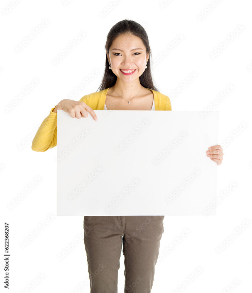 Portrait of casual Asian female hand holding blank white paper card and pointing on it, isolated on white background.