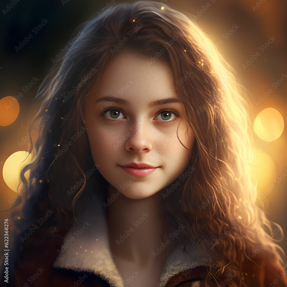 AI-generated illustration of A young female with  brown hair smiling with lights in the background