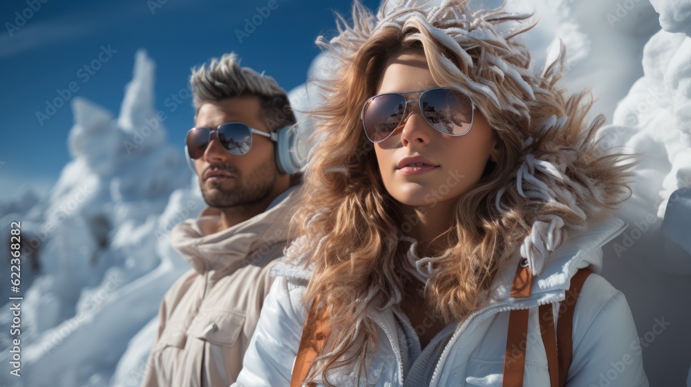 couple in winter clothes, in winter mountains, ai generative couple in winter clothes, in winter mountains, ai generative