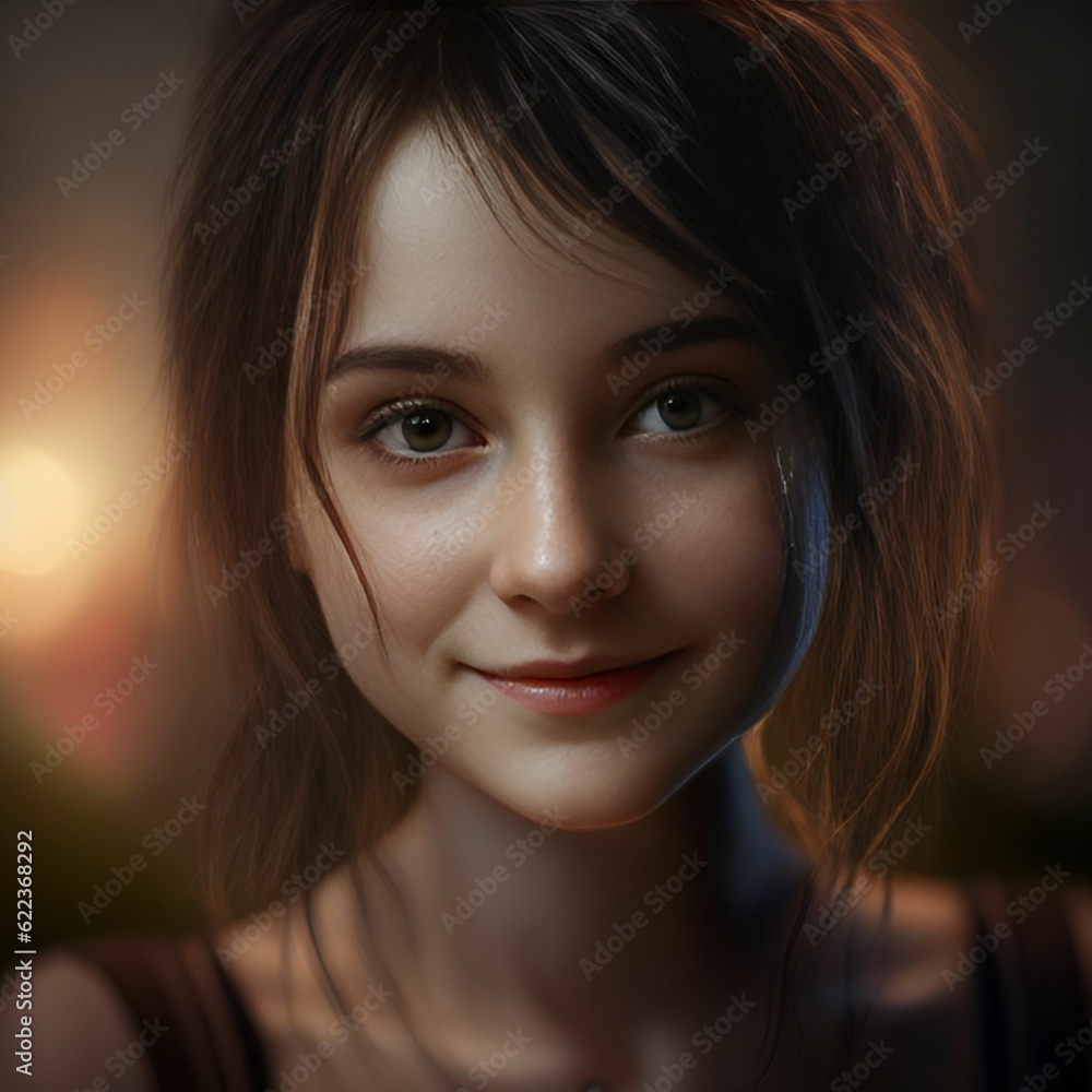 AI-generated illustration of A young female with brown hair smiling with lights in the background AI-generated illustration of A young female with brown hair smiling with lights in the background