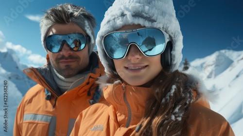 couple in winter clothes, in winter mountains, ai generative