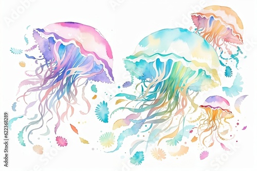 Watercolor illustration of sea jellyfish. Created with Generative AI technology. 