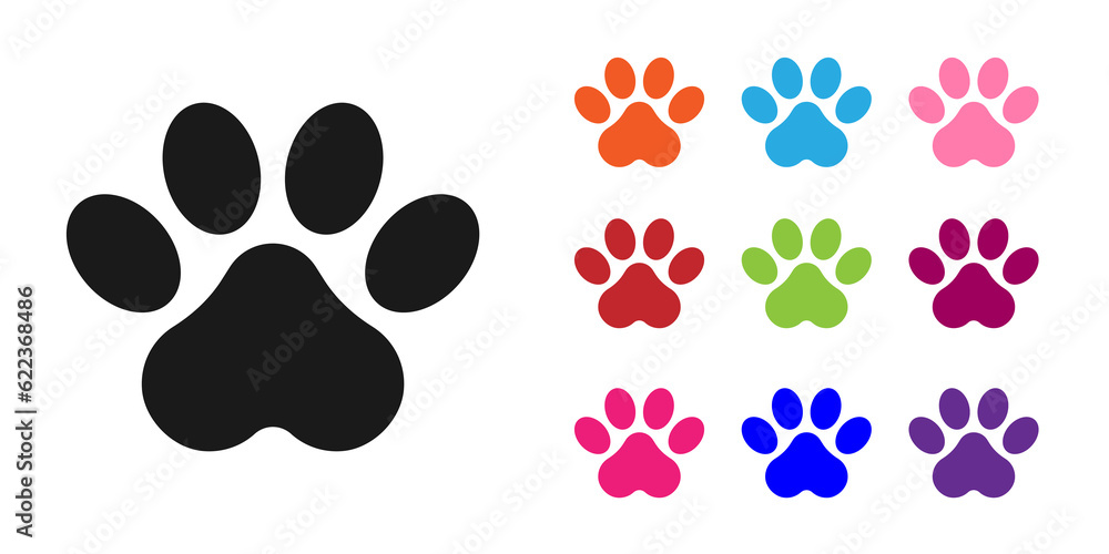 Fototapeta premium Black Paw print icon isolated on white background. Dog or cat paw print. Animal track. Set icons colorful. Vector