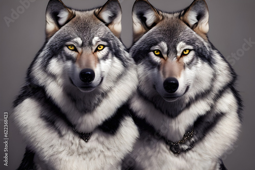 Portrait of wolves in fashion magazine style. Generative AI