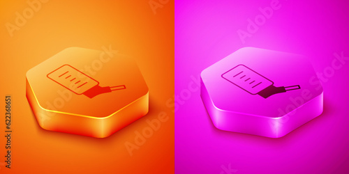 Isometric Automatic drinker for small pets icon isolated on orange and pink background. Hexagon button. Vector