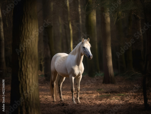 Horse walks in wood