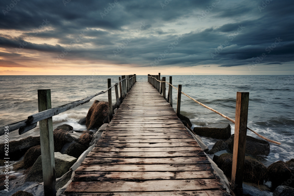 The wooden jetty leads far out to sea. AI generated. The wooden jetty leads far out to sea. AI generated.