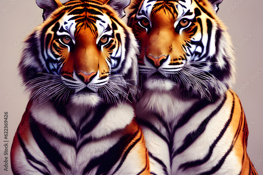 Portrait of two tigers in fashion magazine style. Generative AI
