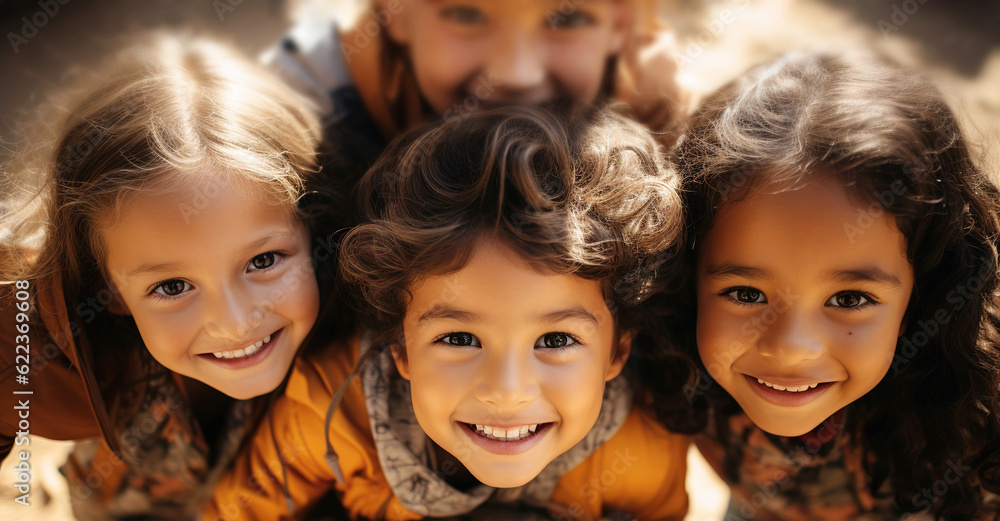 Children pose for the camera. High angle shot. Selective focus.