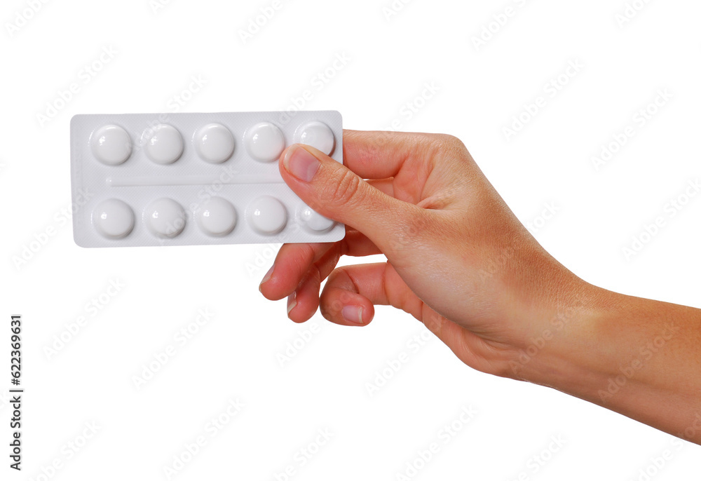 Female hand holding aspirin pills blister isolated on transparent layered background. - obrazy, fototapety, plakaty 