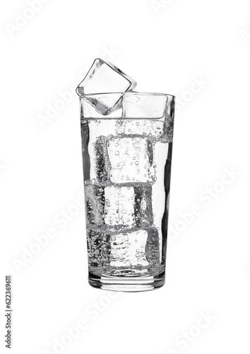 Glass of lemonade soda drink cold with ice cubes on white background