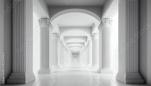 3d rendering white corridor pillars background render Ai generated image photo