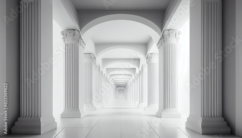 3d rendering white corridor pillars background render Ai generated image
