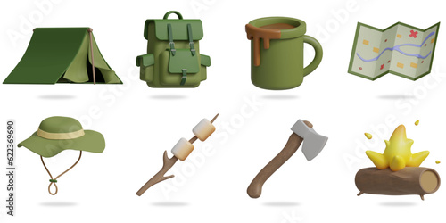 camping 3D vector icon set.
camp,rucksack,coffee mug,map,camping hat,marshmallow toast,axe,campfire