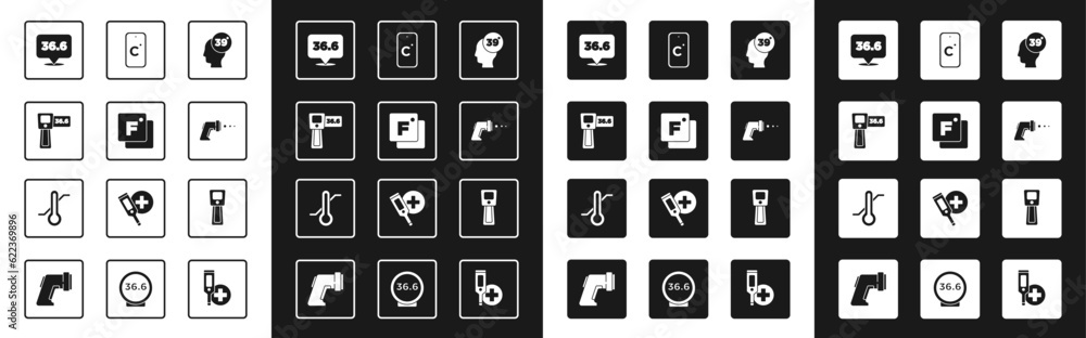 Set High human body temperature, Fahrenheit, Digital thermometer, Medical, Celsius, and Meteorology icon. Vector