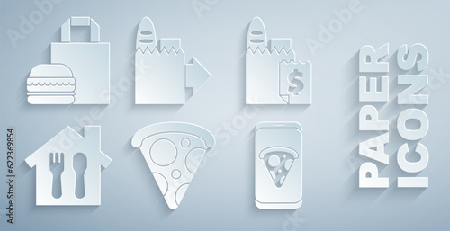 Set Slice of pizza, Online ordering and delivery, Food, and burger icon. Vector