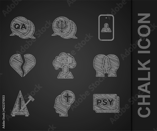 Set Addiction to the drug, Man graves funeral sorrow, Psychology, Psi, Bipolar disorder, Metronome with pendulum, Broken heart divorce, Psychologist online and Question and Answer icon. Vector