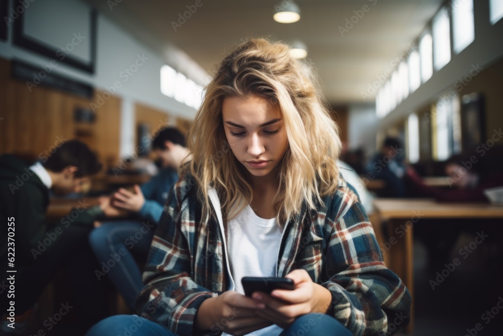 Caucasian gen z student girl gadget internet social media addict woman teenager pupil mobile phone addicted in school college university using smartphone browsing online app playing game cellphone Caucasian gen z student girl gadget internet social media addict woman teenager pupil mobile phone addicted in school college university using smartphone browsing online app playing game cellphone