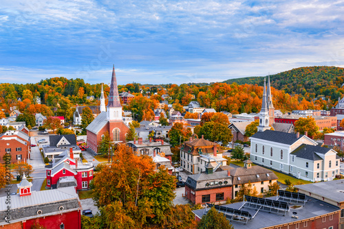 Burlington, Vermont, USA autumn town skyline.