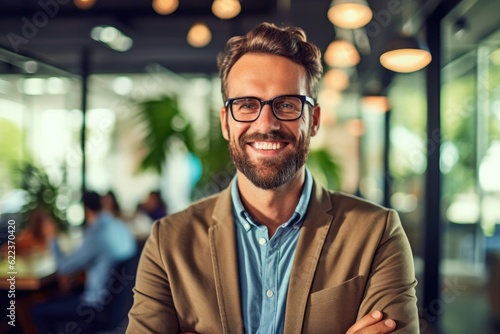 A man with a beard and glasses standing with his arms crossed, smiling and looking with friendly and professional, created with Generative Ai Technology © pham