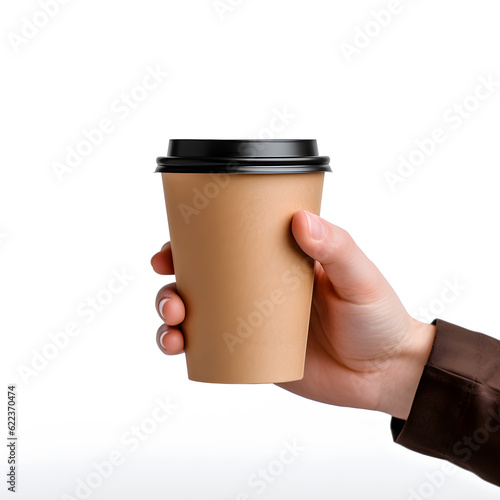 hand holding a Coffee paper cup isolated on white background.