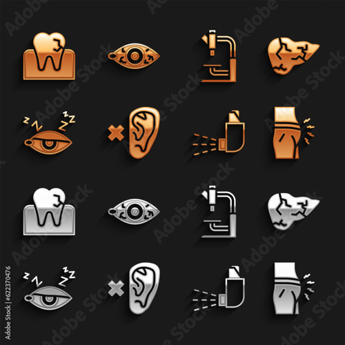 Set Deaf, Hepatitis virus, Abdominal bloating, Inhaler, Insomnia, Microscope, Tooth with caries and Reddish eye icon. Vector