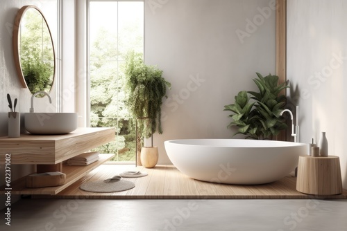 Bathroom interior in white and wood with a concrete floor and a white bathtub. Up close. a mockup. Generative AI © Vusal