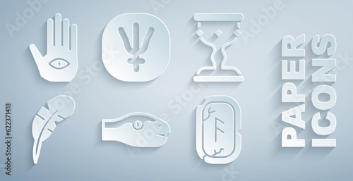 Set Snake, Medieval goblet, Feather pen, Magic runes, Neptune planet and Hamsa hand icon. Vector