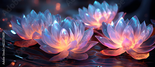 several bright blue and pink lotuses floating in a pond Generated by AI