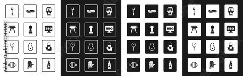 Set Brick stove, Pepper, Barbecue grill, fork, Steak meat, Kitchen apron and thermometer icon. Vector
