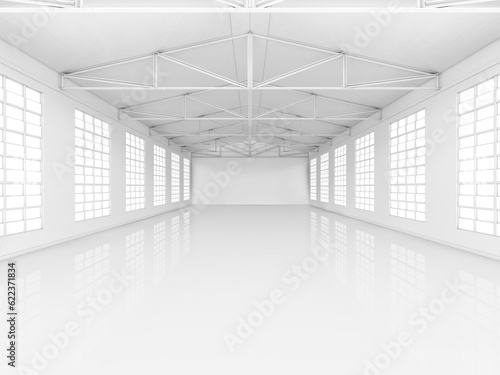 Clean white empty warehouse with windows. 3D rendering