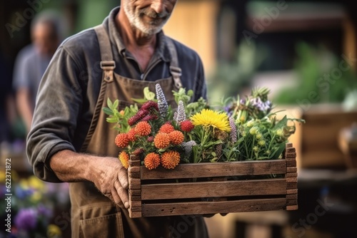 A farmer holding a crate of colorful flowers at a local farmers' market, showcasing the beauty and diversity of farm-grown floral products. Generative AI © bluebeat76