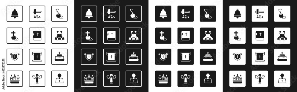 Set Magic staff, Holy bible book, Christian cross, Church bell, Priest, Crucifixion of Jesus, Ark noah and Flag with christian icon. Vector Set Magic staff, Holy bible book, Christian cross, Church bell, Priest, Crucifixion of Jesus, Ark noah and Flag with christian icon. Vector