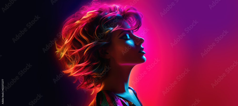 Φωτογραφία 1980s pop art panorama of the side profile view of a  blonde woman on a fictiona