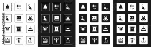 Set Magic staff, Holy bible book, Christian cross, Church bell, Priest, Crucifixion of Jesus, Ark noah and Flag with christian icon. Vector